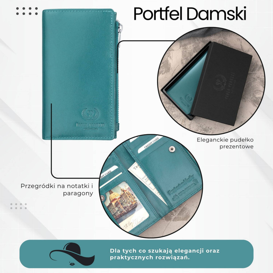 Portfel damski skórzany duży butelkowa zieleń z ochroną RFID T-140-GB