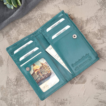 Portfel damski skórzany duży butelkowa zieleń z ochroną RFID T-140-GB