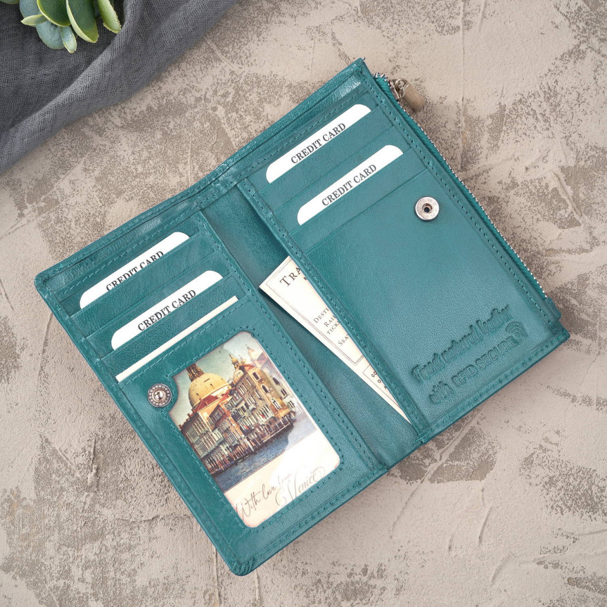 Portfel damski skórzany duży butelkowa zieleń z ochroną RFID T-140-GB