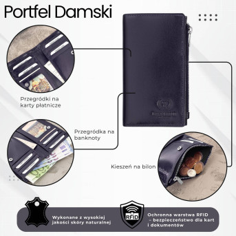 Portfel damski skórzany duży granatowy z ochroną RFID T-140-NV