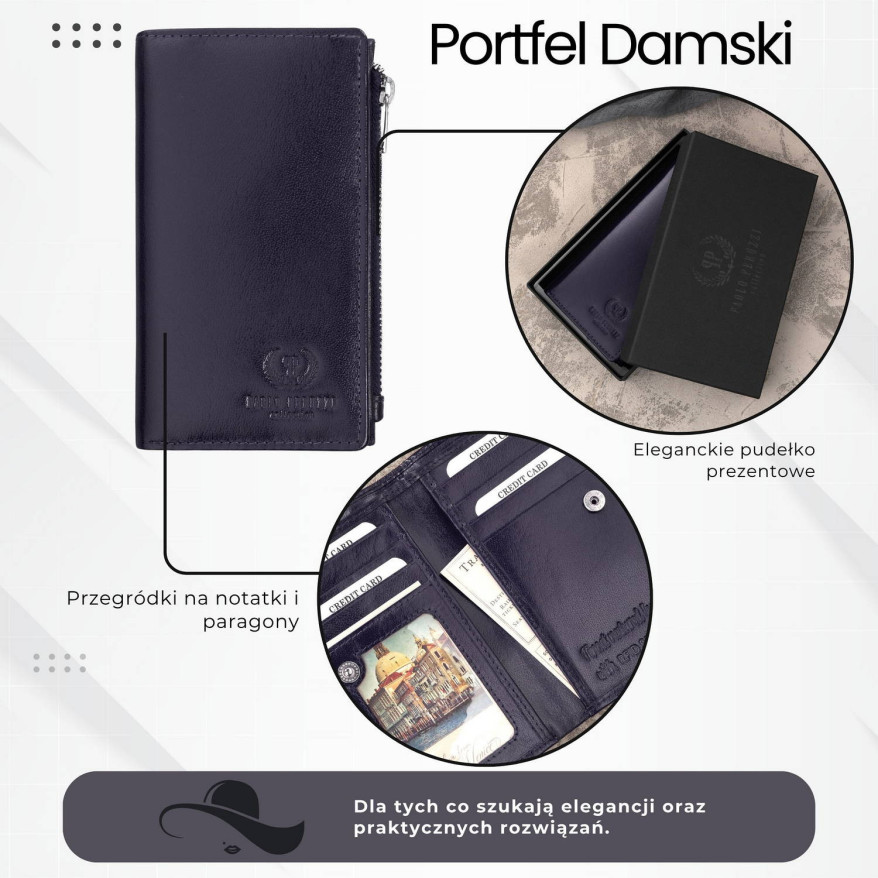 Portfel damski skórzany duży granatowy z ochroną RFID T-140-NV