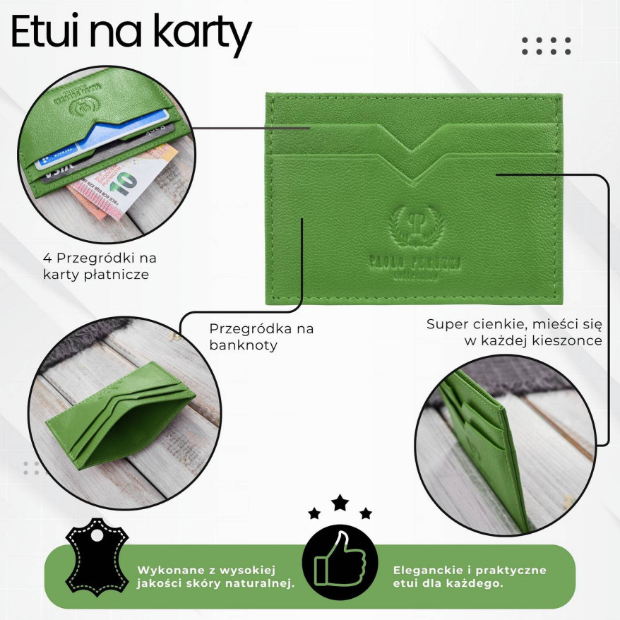 Etui na karty i wizytówki skórzane minimalistyczne praktyczne etui zielone Paolo Peruzzi T-150-GR