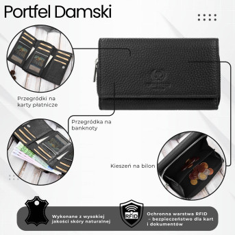 Portfel damski duży czarny ze skóry naturalnej pojemny T-138-BL