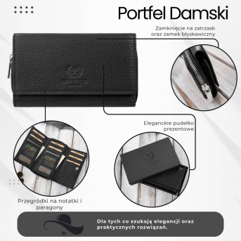 Portfel damski duży czarny ze skóry naturalnej pojemny T-138-BL