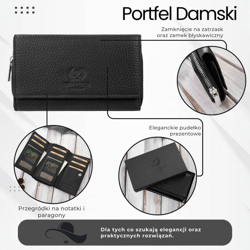 Portfel damski duży czarny ze skóry naturalnej pojemny T-138-BL