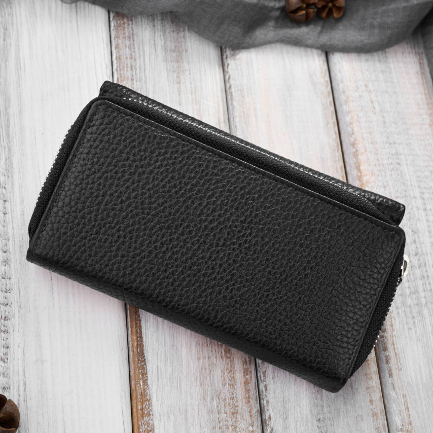 Portfel damski duży czarny ze skóry naturalnej pojemny T-138-BL