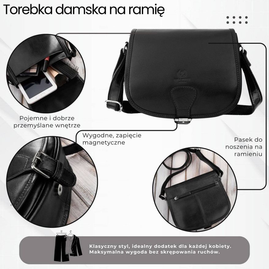 Torebka damska skórzana listonoszka ze skóry licowej czarna T-39-KBL