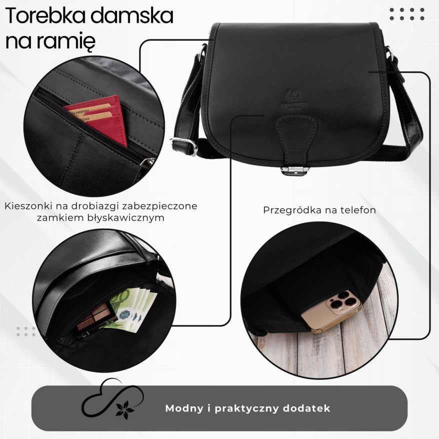 Torebka damska skórzana listonoszka ze skóry licowej czarna T-39-KBL