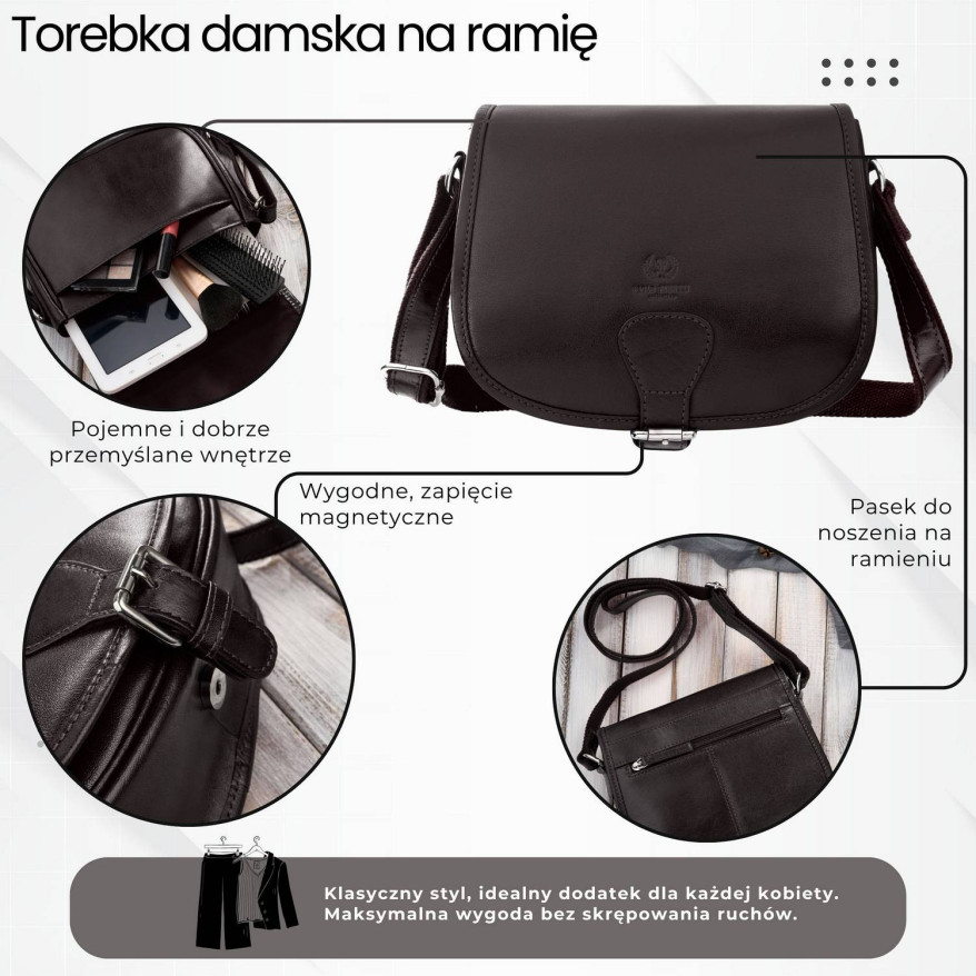 Torebka damska skórzana listonoszka ze skóry licowej brązowa T-39-KBR