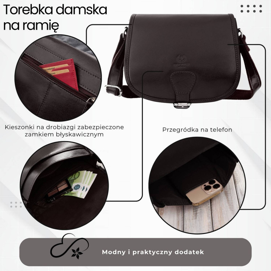 Torebka damska skórzana listonoszka ze skóry licowej brązowa T-39-KBR