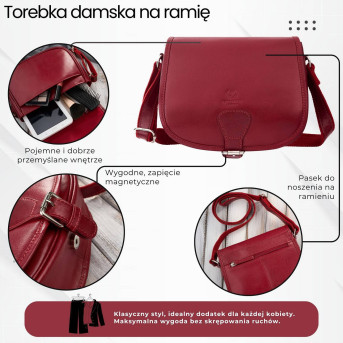 Torebka damska skórzana listonoszka ze skóry licowej czerwona T-39-KRD