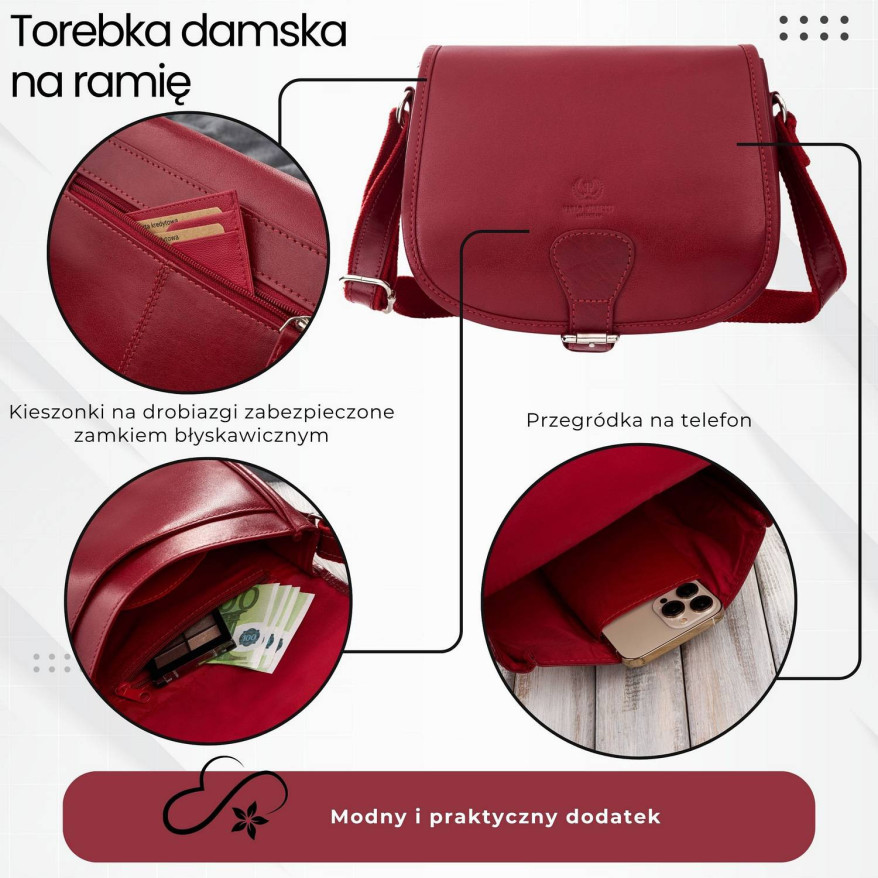 Torebka damska skórzana listonoszka ze skóry licowej czerwona T-39-KRD