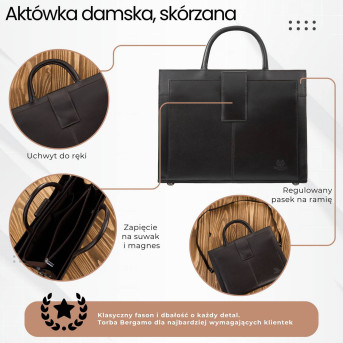 Torebka damska skórzana aktówka A4 do ręki i na ramię skóra licowa brązowa T-94-BR