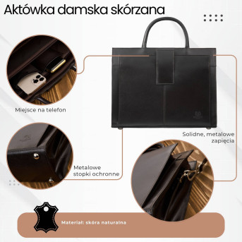 Torebka damska skórzana aktówka A4 do ręki i na ramię skóra licowa brązowa T-94-BR