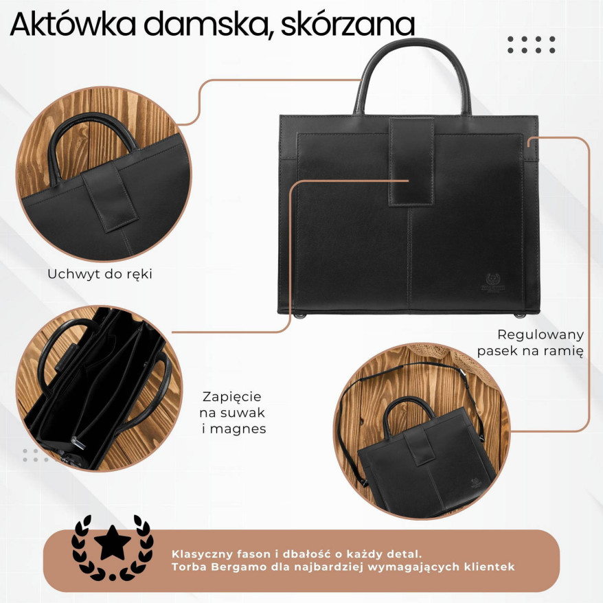 Torebka damska skórzana aktówka A4 do ręki i na ramię skóra licowa czarna T-94-BL
