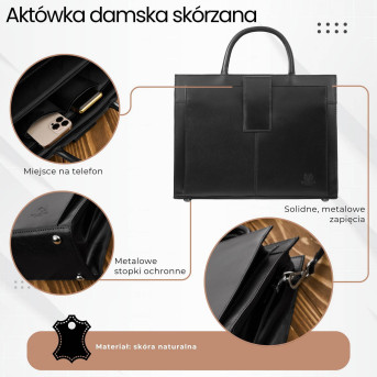 Torebka damska skórzana aktówka A4 do ręki i na ramię skóra licowa czarna T-94-BL