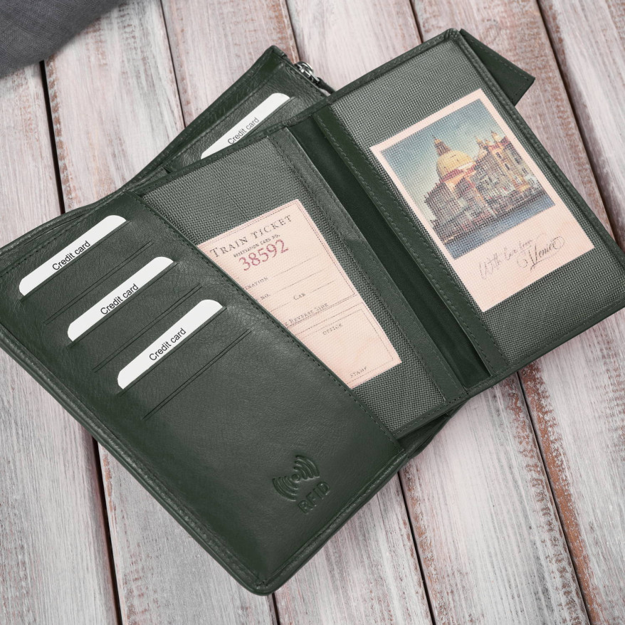 Duży portfel damski ciemna zieleń handmade z ochroną RFID Paolo Peruzzi AY-08-GB