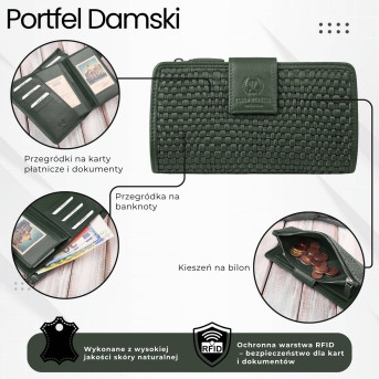 Duży portfel damski ciemna zieleń handmade z ochroną RFID Paolo Peruzzi AY-08-GB
