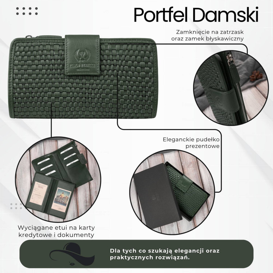 Duży portfel damski ciemna zieleń handmade z ochroną RFID Paolo Peruzzi AY-08-GB