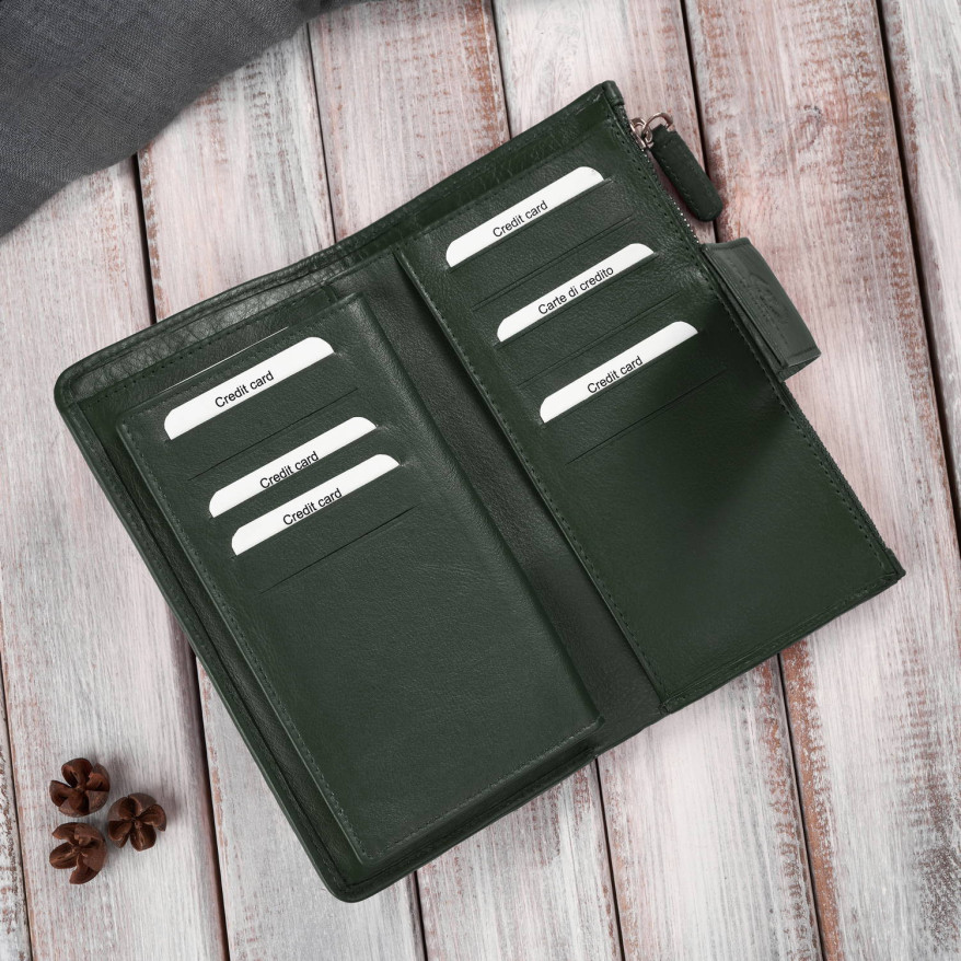 Duży portfel damski ciemna zieleń handmade z ochroną RFID Paolo Peruzzi AY-08-GB