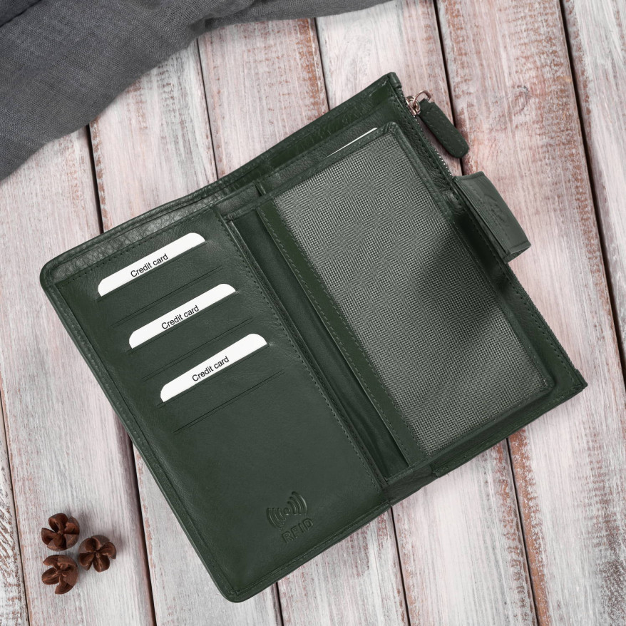 Duży portfel damski ciemna zieleń handmade z ochroną RFID Paolo Peruzzi AY-08-GB