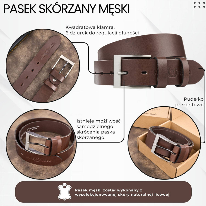 Pasek męski skórzany premium z klasyczną klamrą elegancki brązowy 120 cm PG-08-BR-120