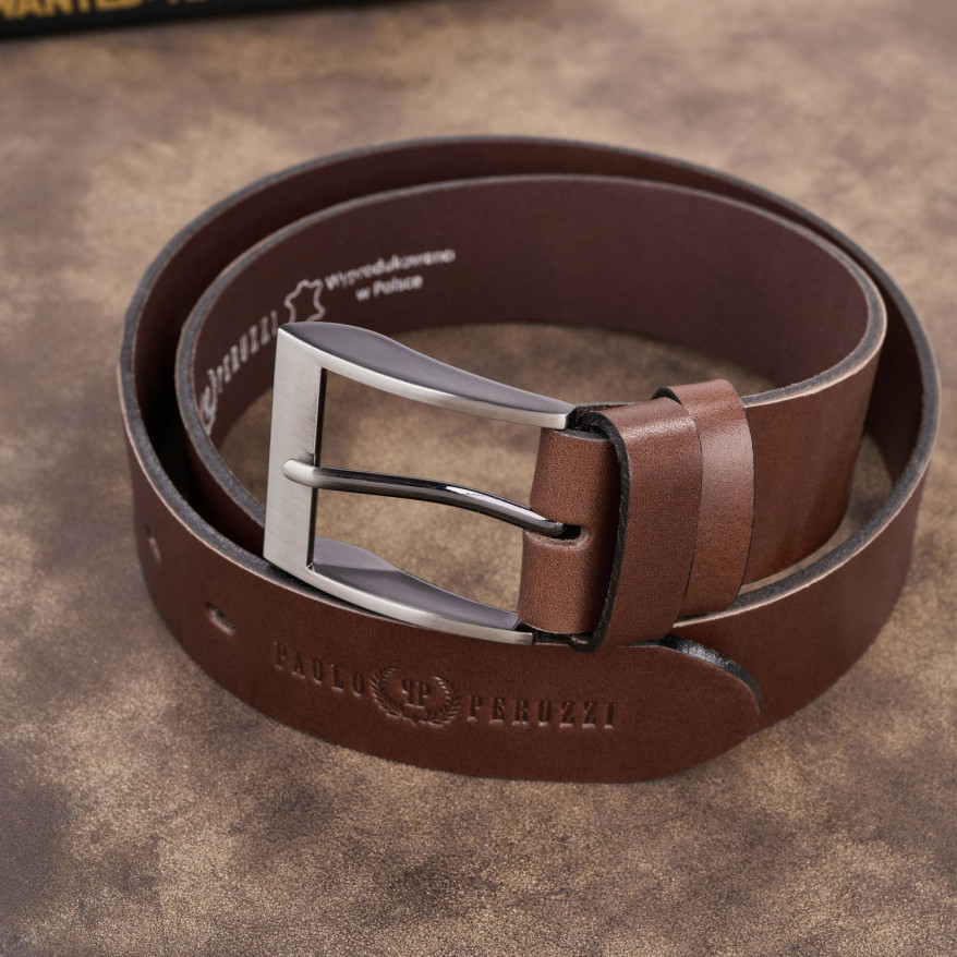 Pasek męski skórzany premium z klasyczną klamrą elegancki brązowy 130 cm PG-08-BR-130