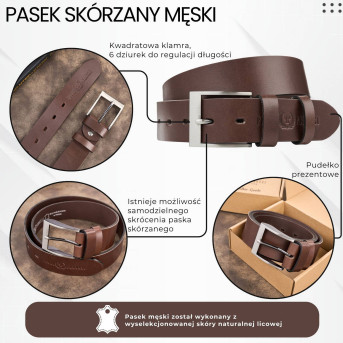 Pasek męski skórzany premium z klasyczną klamrą elegancki brązowy 130 cm PG-08-BR-130