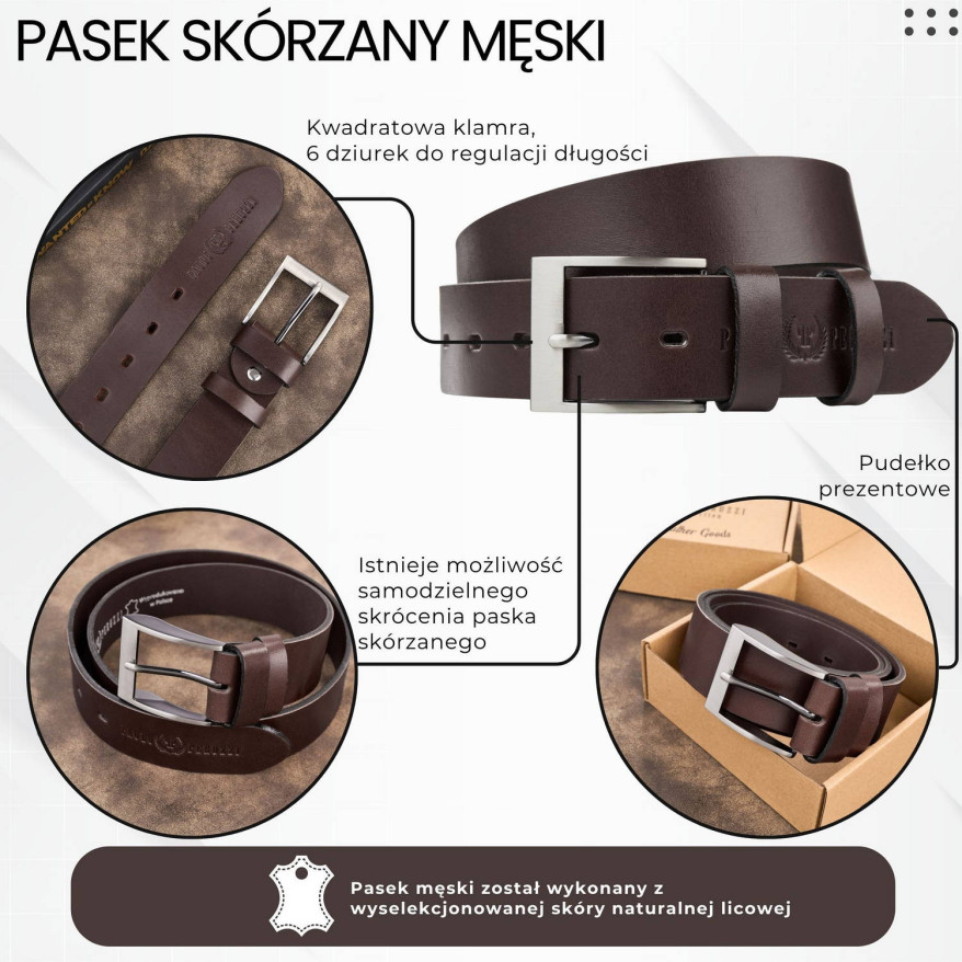 Pasek męski skórzany premium z klasyczną klamrą elegancki ciemnobrązowy 120 cm PG-08-DBR-120