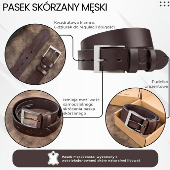 Pasek męski skórzany premium z klasyczną klamrą elegancki ciemnobrązowy 130 cm PG-08-DBR-130