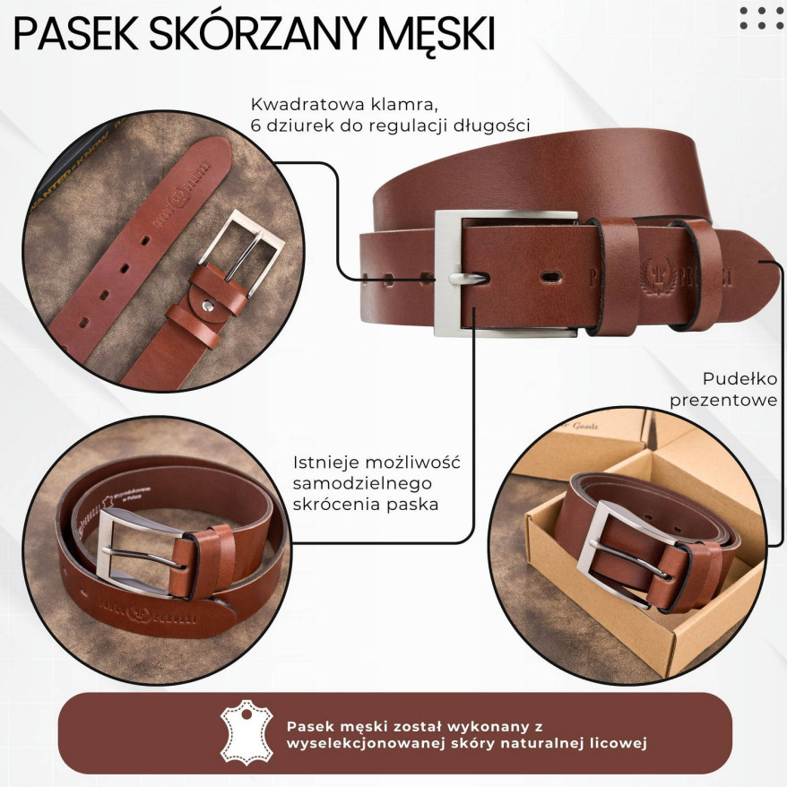 Pasek męski skórzany premium z klasyczną klamrą elegancki koniakowy 100 cm PG-08-CG-100