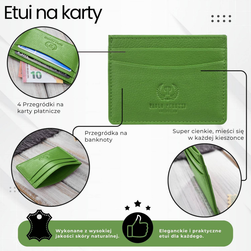 Etui na karty i wizytówki skórzane minimalistyczne praktyczne etui zielone T-151-GR