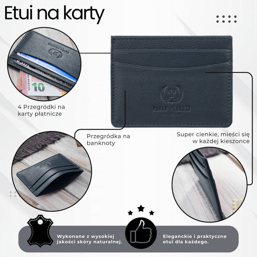 Etui na karty i wizytówki skórzane minimalistyczne praktyczne etui granatowe T-151-NV
