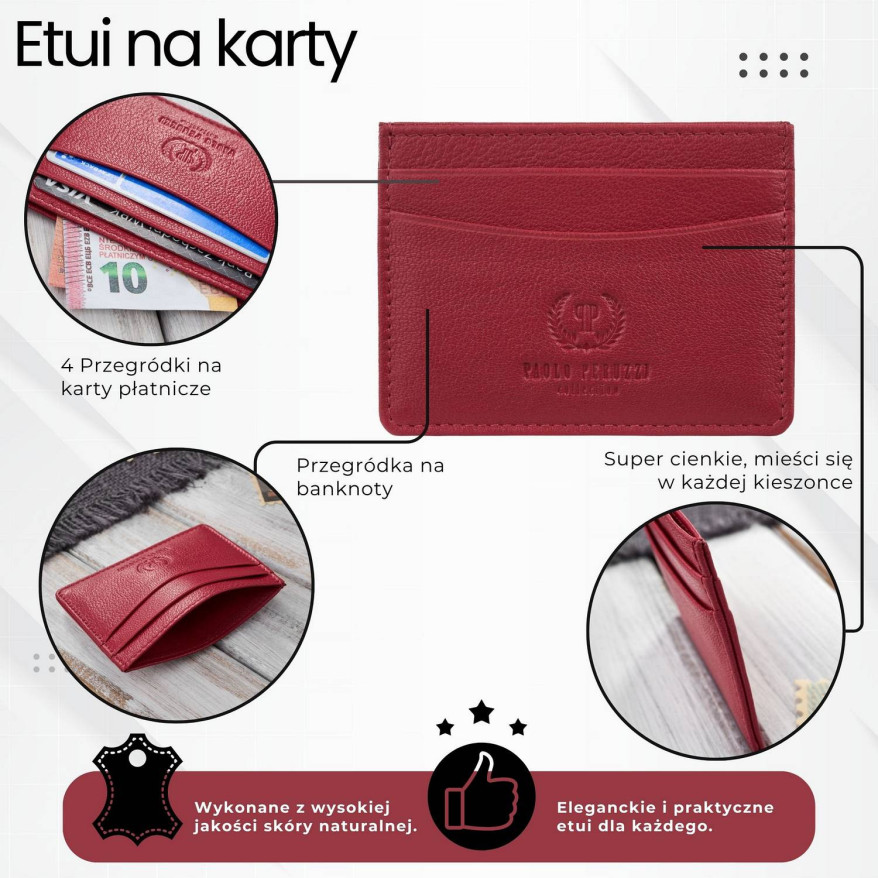 Etui na karty i wizytówki skórzane minimalistyczne praktyczne etui czerwone T-151-RD