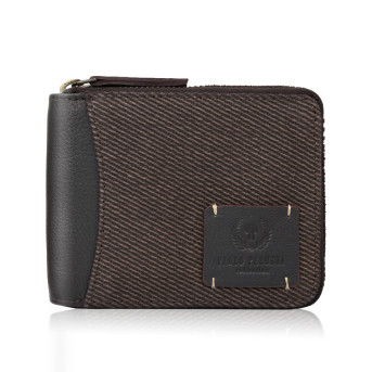Portfel męski brązowy zapinany na zamek skóra naturalna i bawełniany canvas Paolo Peruzzi AY-07-BR