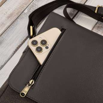 Torba męska na ramię na laptopa ze skóry naturalnej i canvasu brązowa AY-02-BR