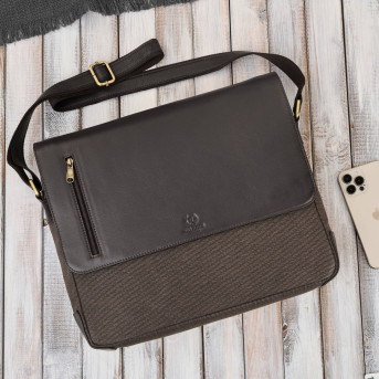Torba męska na ramię na laptopa ze skóry naturalnej i canvasu brązowa AY-02-BR