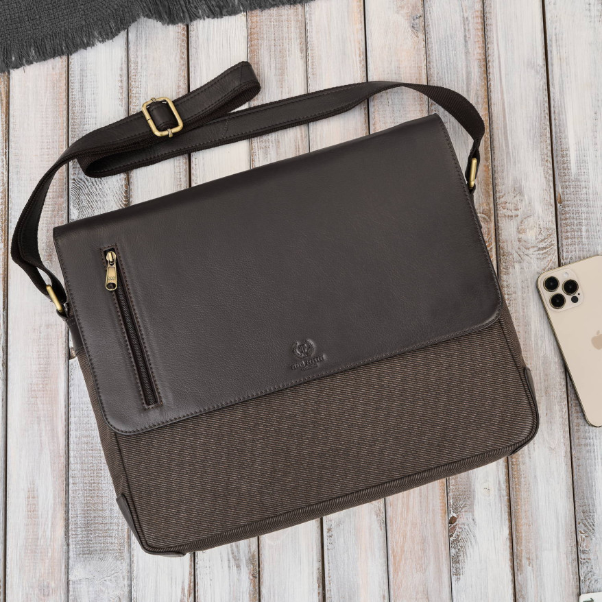 Torba męska na ramię na laptopa ze skóry naturalnej i canvasu brązowa AY-02-BR