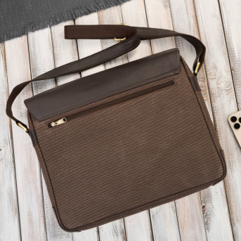 Torba męska na ramię na laptopa ze skóry naturalnej i canvasu brązowa AY-02-BR