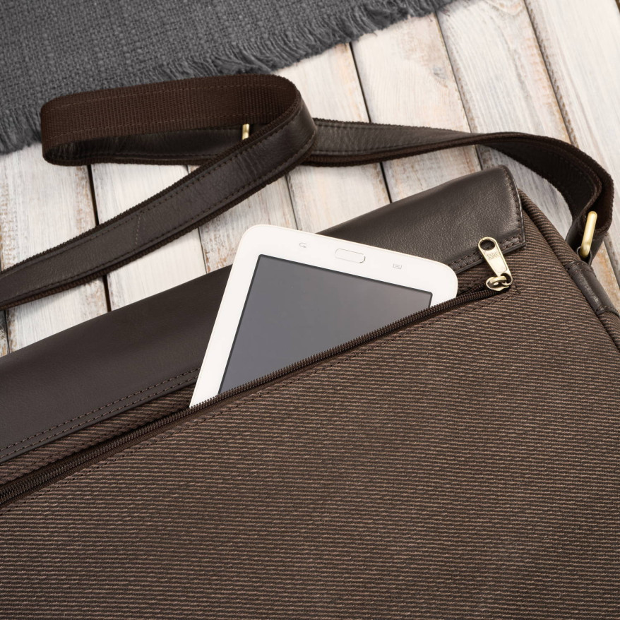 Torba męska na ramię na laptopa ze skóry naturalnej i canvasu brązowa AY-02-BR