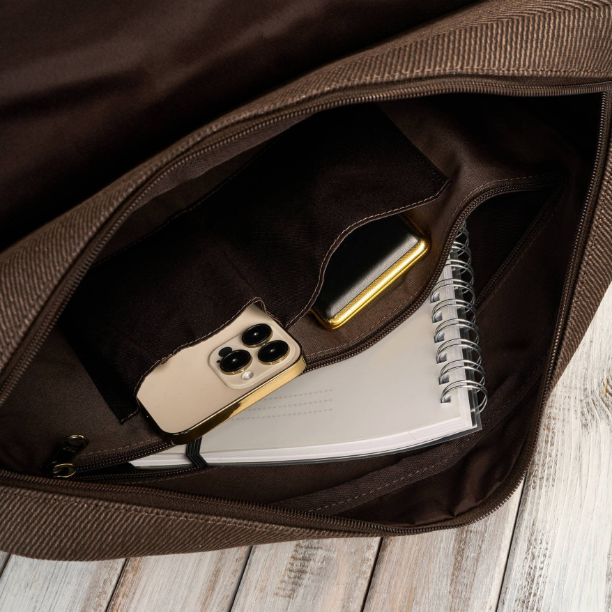 Torba męska na ramię na laptopa ze skóry naturalnej i canvasu brązowa AY-02-BR