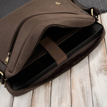 Torba męska na ramię na laptopa ze skóry naturalnej i canvasu brązowa AY-02-BR
