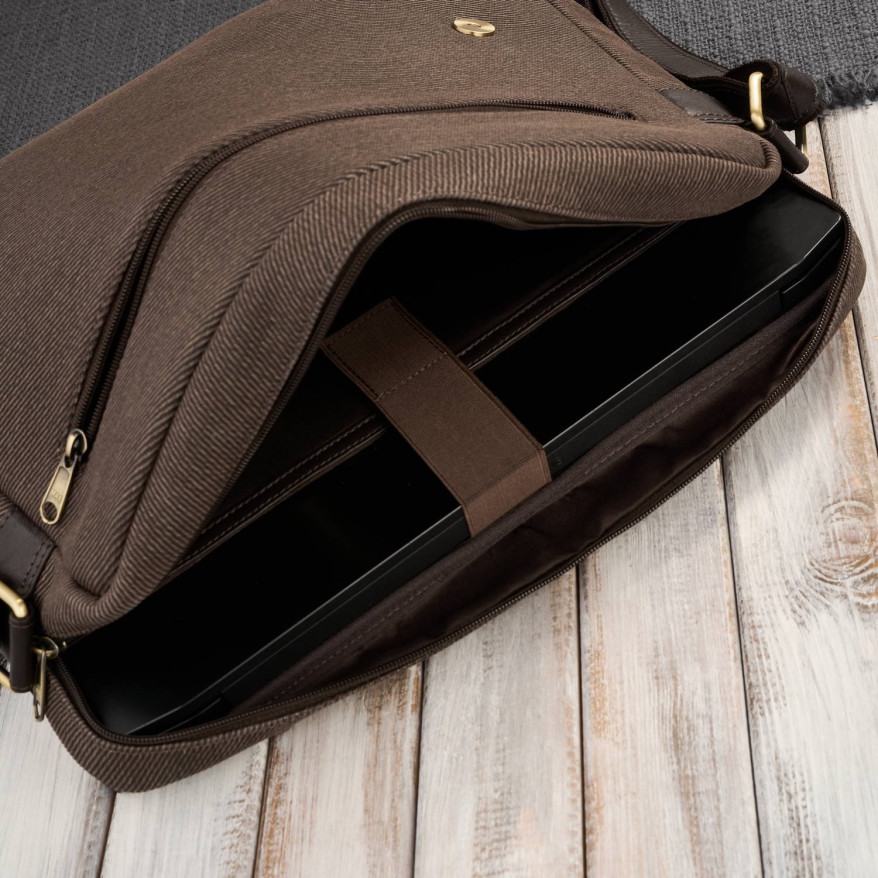Torba męska na ramię na laptopa ze skóry naturalnej i canvasu brązowa AY-02-BR
