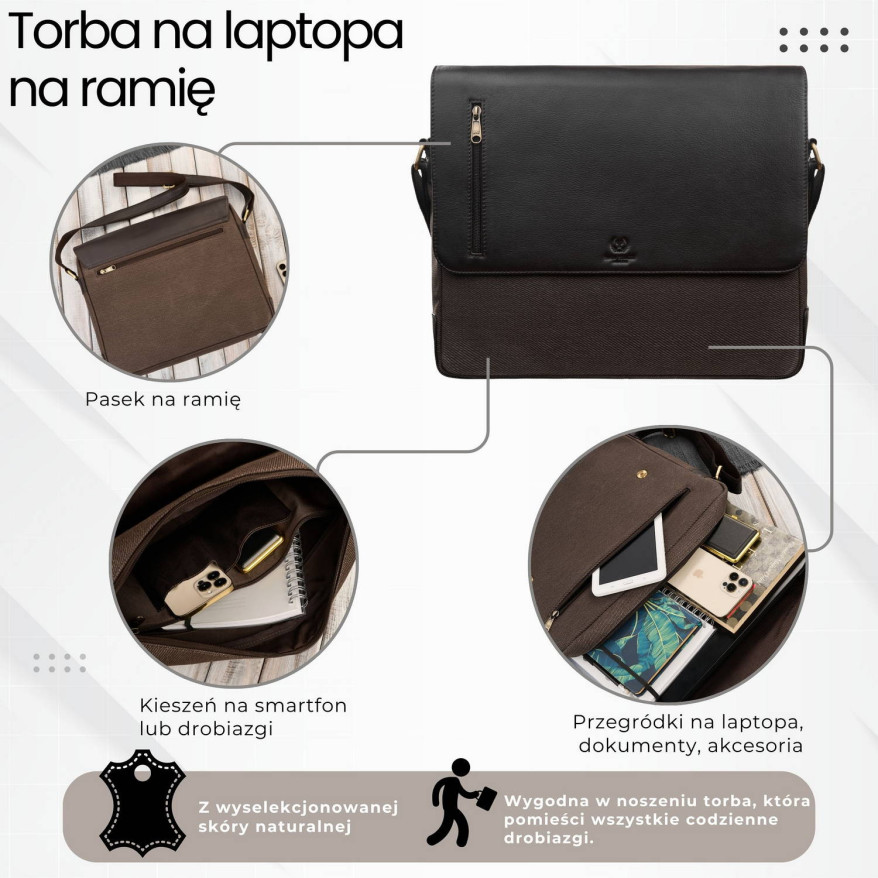 Torba męska na ramię na laptopa ze skóry naturalnej i canvasu brązowa AY-02-BR