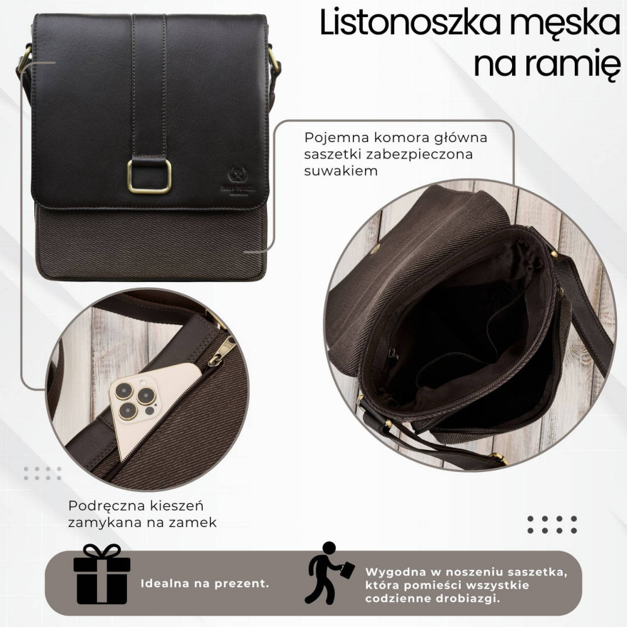 Listonoszka męska na ramię ze skóry i bawełnianego canvasu Paolo Peruzzi AY-01-BR