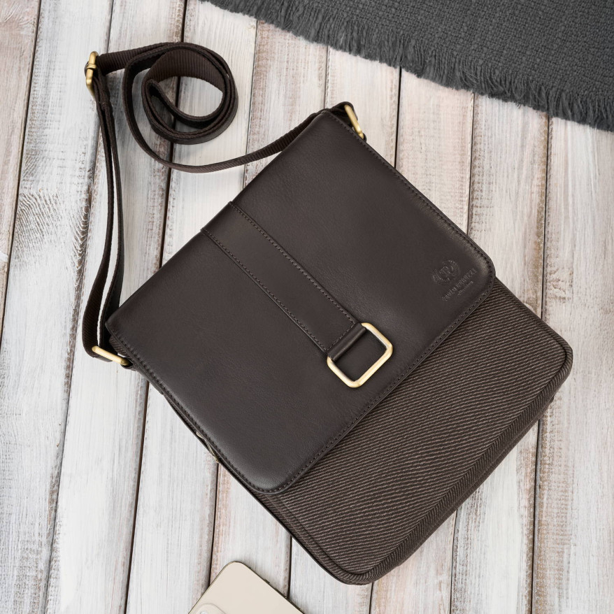 Listonoszka męska na ramię ze skóry i bawełnianego canvasu Paolo Peruzzi AY-01-BR