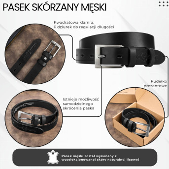 Pasek męski skórzany premium z klasyczną klamrą elegancki czarny 100 cm PG-09-BL-100