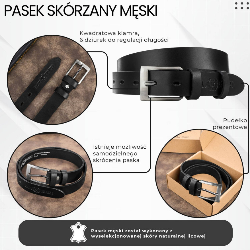 Pasek męski skórzany premium z klasyczną klamrą elegancki czarny 130 cm PG-09-BL-130