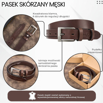 Pasek męski skórzany premium z klasyczną klamrą elegancki brązowy 120 cm PG-09-BR-120