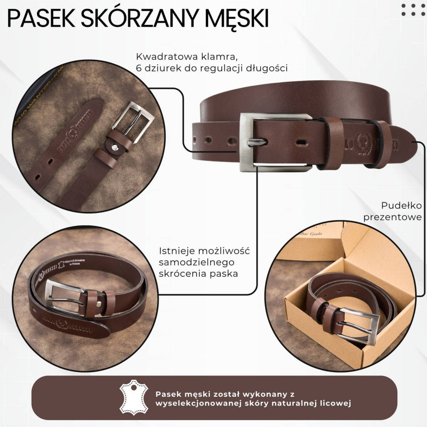 Pasek męski skórzany premium z klasyczną klamrą elegancki brązowy 120 cm PG-09-BR-120